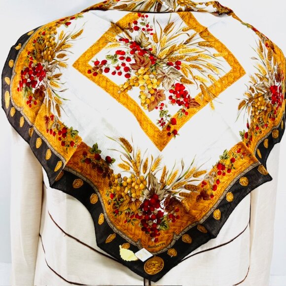 New Tag Burberry Miniscarf/handker 19.5" Cotton/Silk Ivery Gold Red Fruit(13 - Picture 4 of 8
